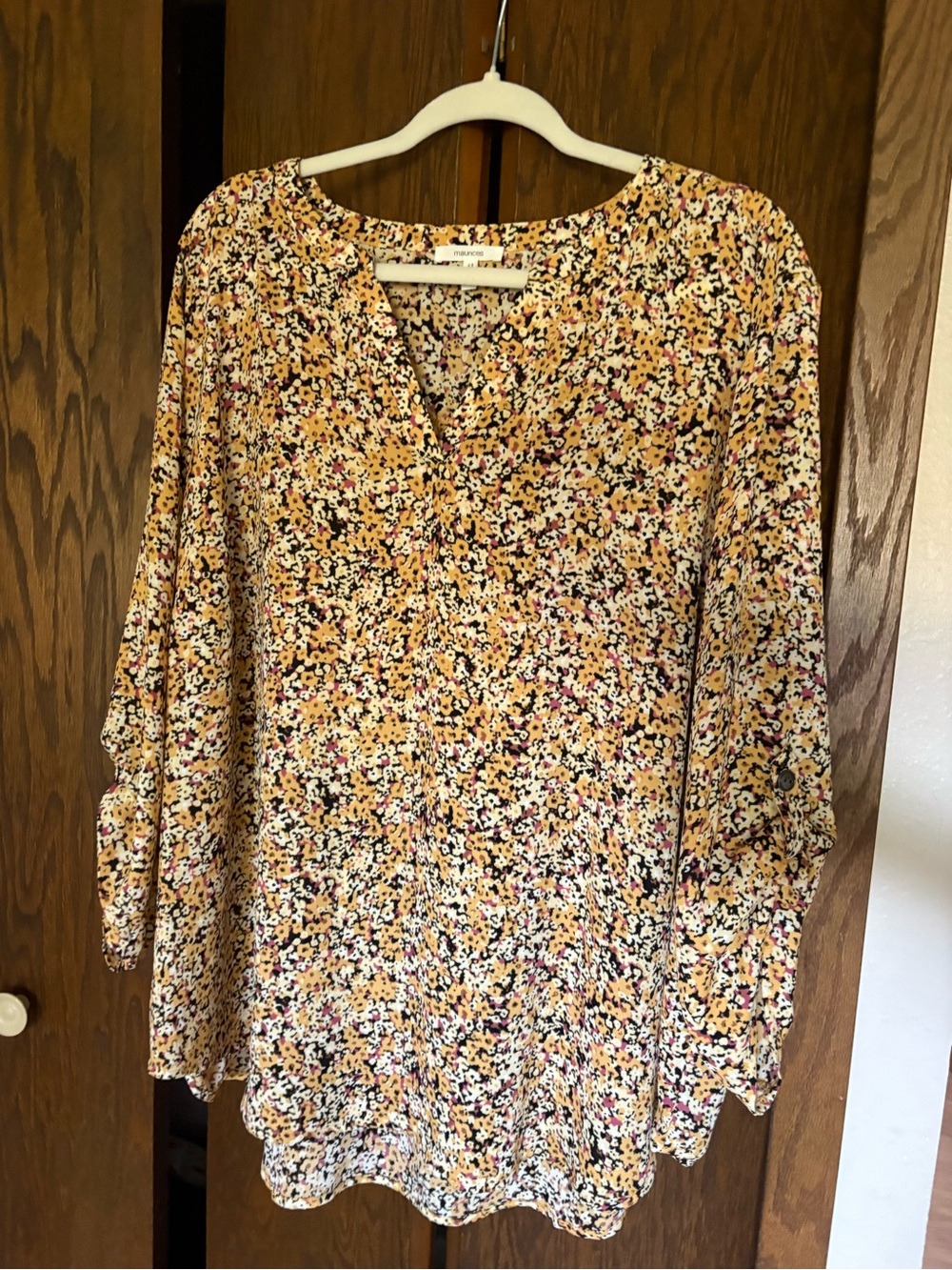 Maurices Floral Split V-Neck Tunic in Mustard and Pink